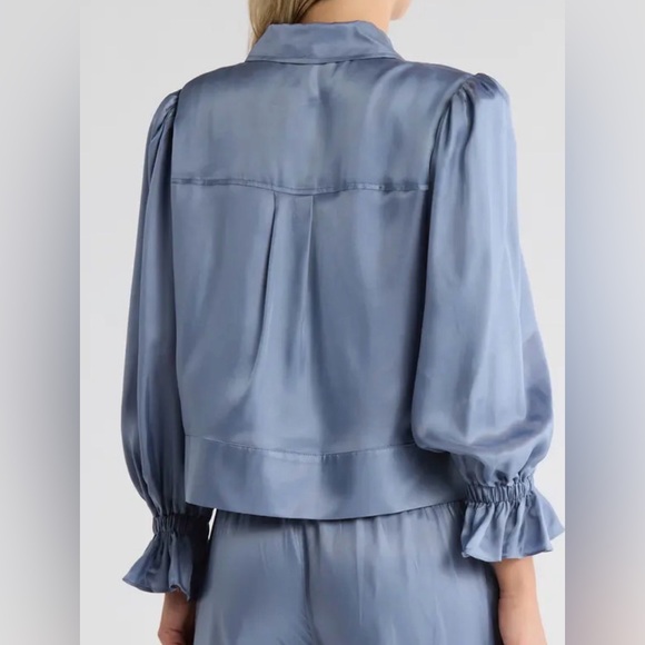 CINQ A SEPT Holly Ruffle Black Satin Zip-Front Utility Jacket Size Medium EUC - Picture 9 of 11